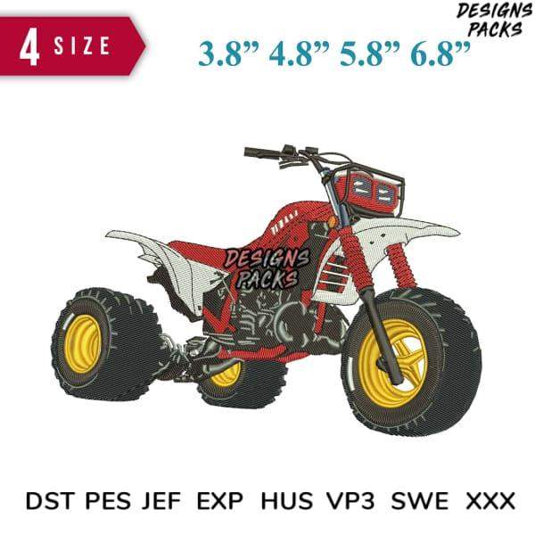 Red dirt bike embroidery design with yellow wheels, available in multiple sizes and formats.