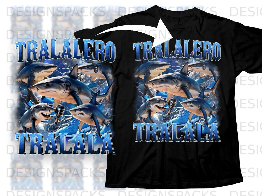 Sharks singing with microphones and text "TRALALERO TRALALALA".