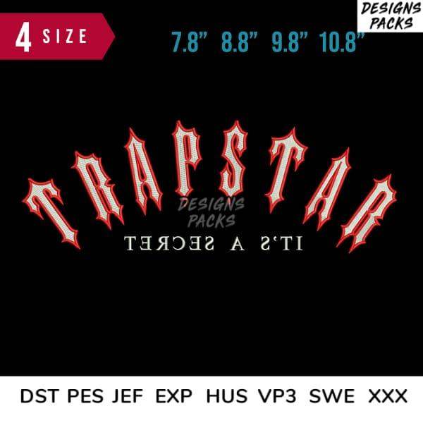 Trapstar embroidery design in 4 sizes, print-ready PES DST JEF formats for shirts, bold red and white gothic style