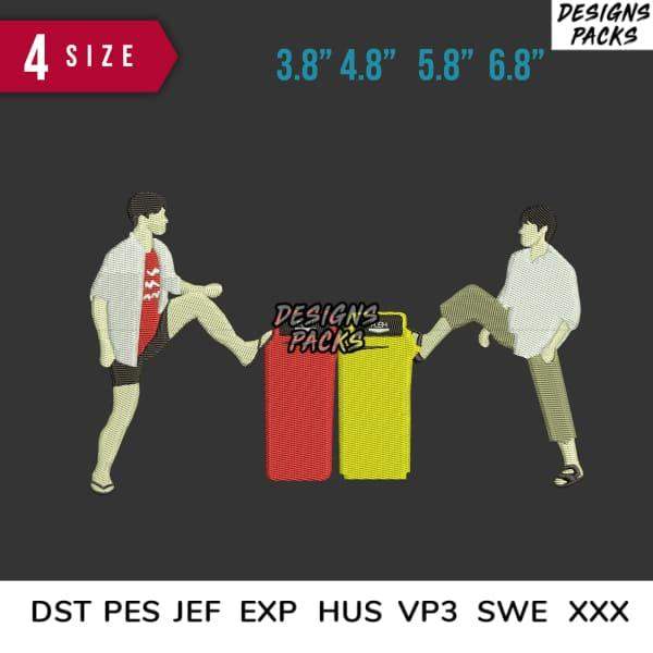 Embroidery design of two figures kicking red and yellow trash cans, available in 4 sizes and multiple formats