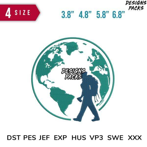 Embroidery design of hiker silhouette over globe, 4 sizes, DST PES JEF formats, print-ready