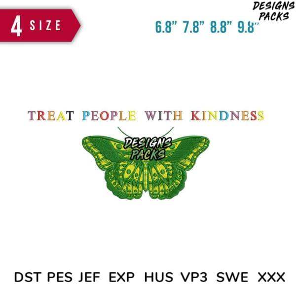 Green butterfly embroidery design with 'Treat People With Kindness' text, available in multiple sizes and formats