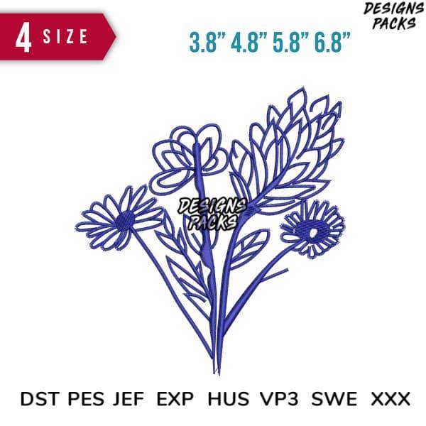 Blue floral embroidery design in 4 sizes, compatible with DST PES JEF formats for machine stitching.