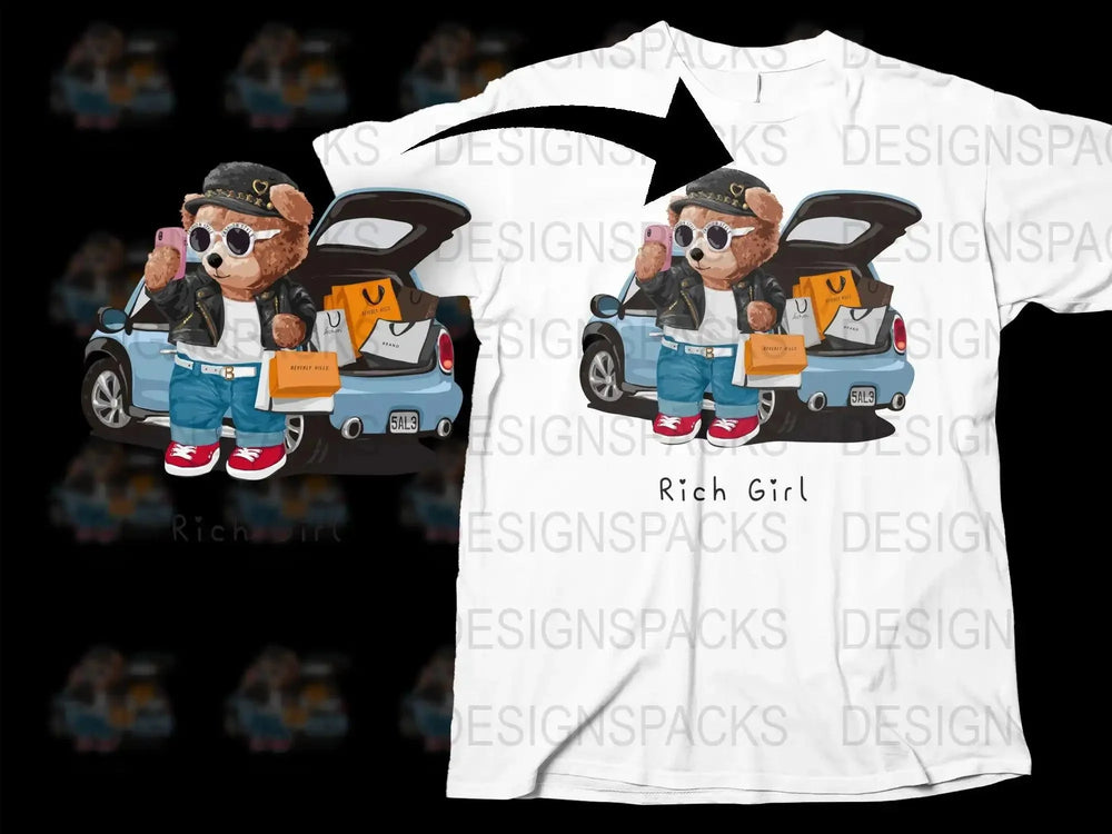 Trendy Bear in Sunglasses Rich Girl Graphic Png Digital Download