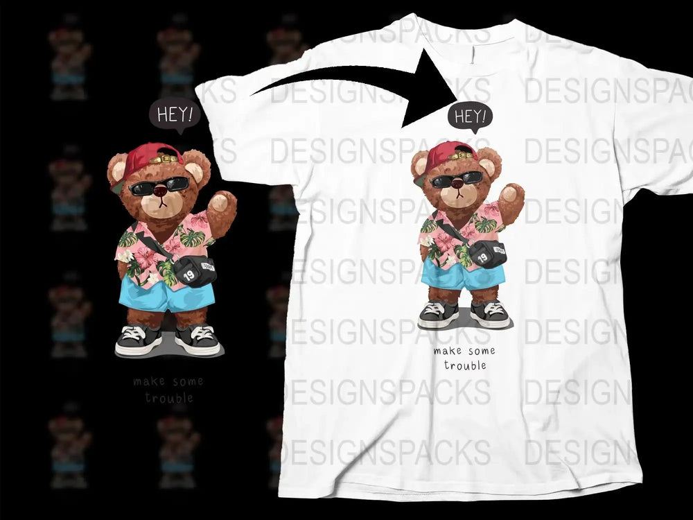 Trendy Bear with Sunglasses Make Some Trouble Png Digital Download
