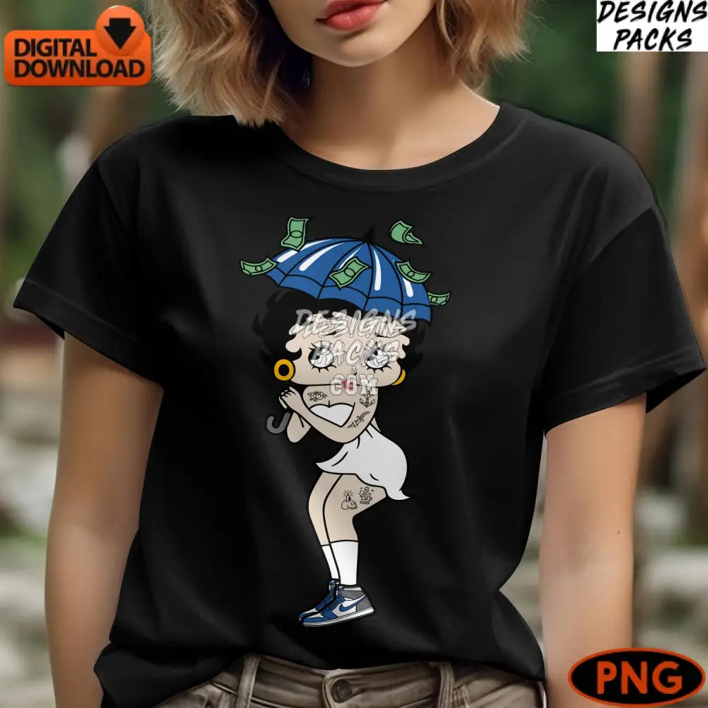 Trendy Betty Boop Digital Png Cartoon Money Umbrella Instant Download For T-Shirts And Crafts