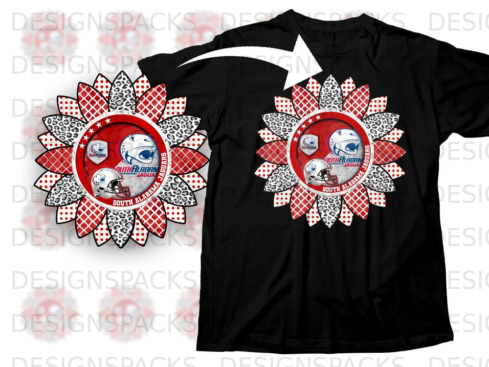 Black t-shirt with a sunflower design featuring South Alabama Jaguars football graphics.