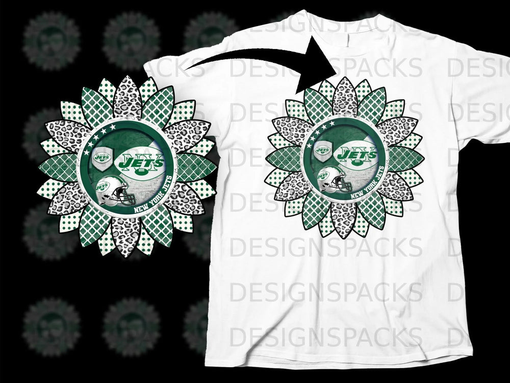 New York Jets sunflower graphic with team logos and helmets on a white t-shirt.
