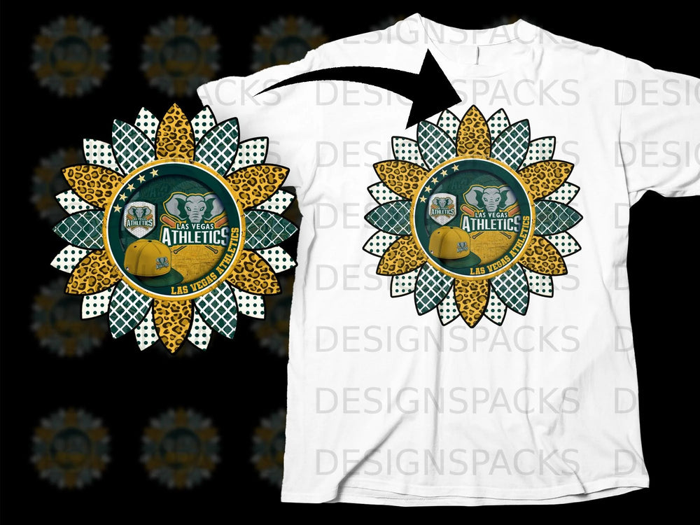Sunflower with Las Vegas Athletics logo, baseball cap, and leopard print.