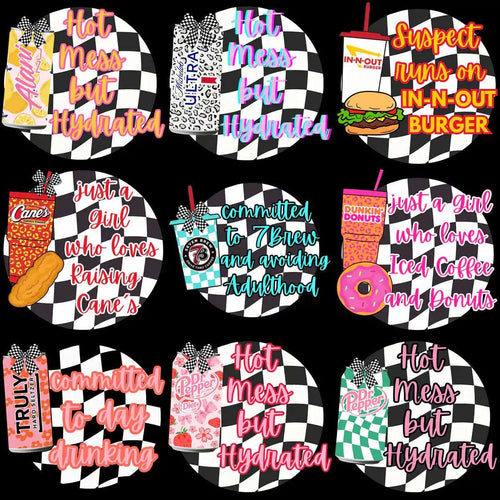 Fun drink-themed tumbler wrap designs with checkered backgrounds, perfect for DTF/DTG printing