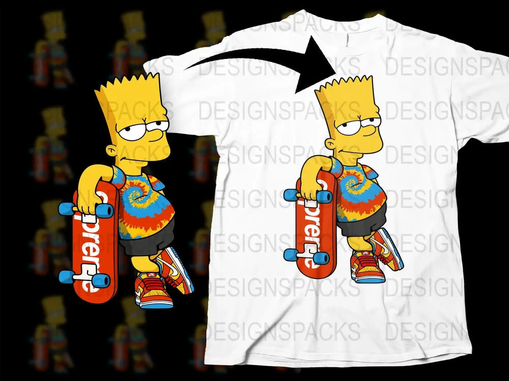Trendy Skateboarding Bart Tie-Dye Graphic Png Digital Download