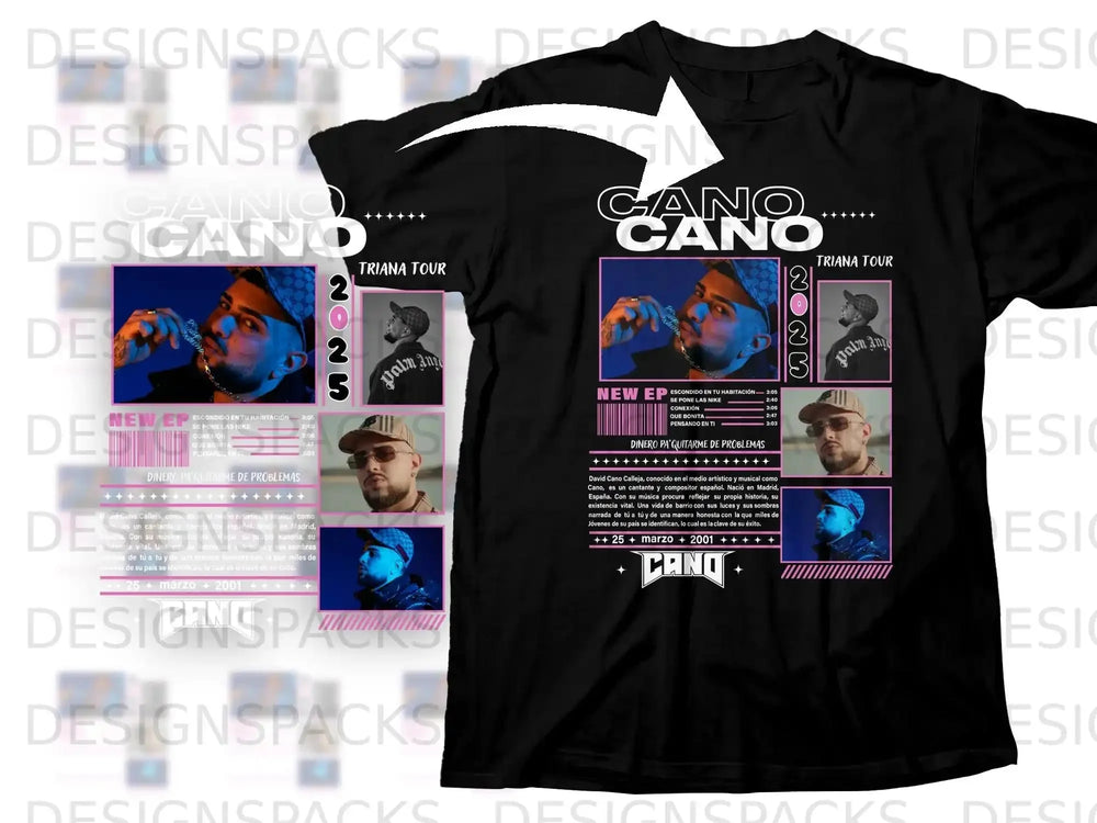 Black t-shirt featuring the artist Cano, "Triana Tour", and EP tracklist.