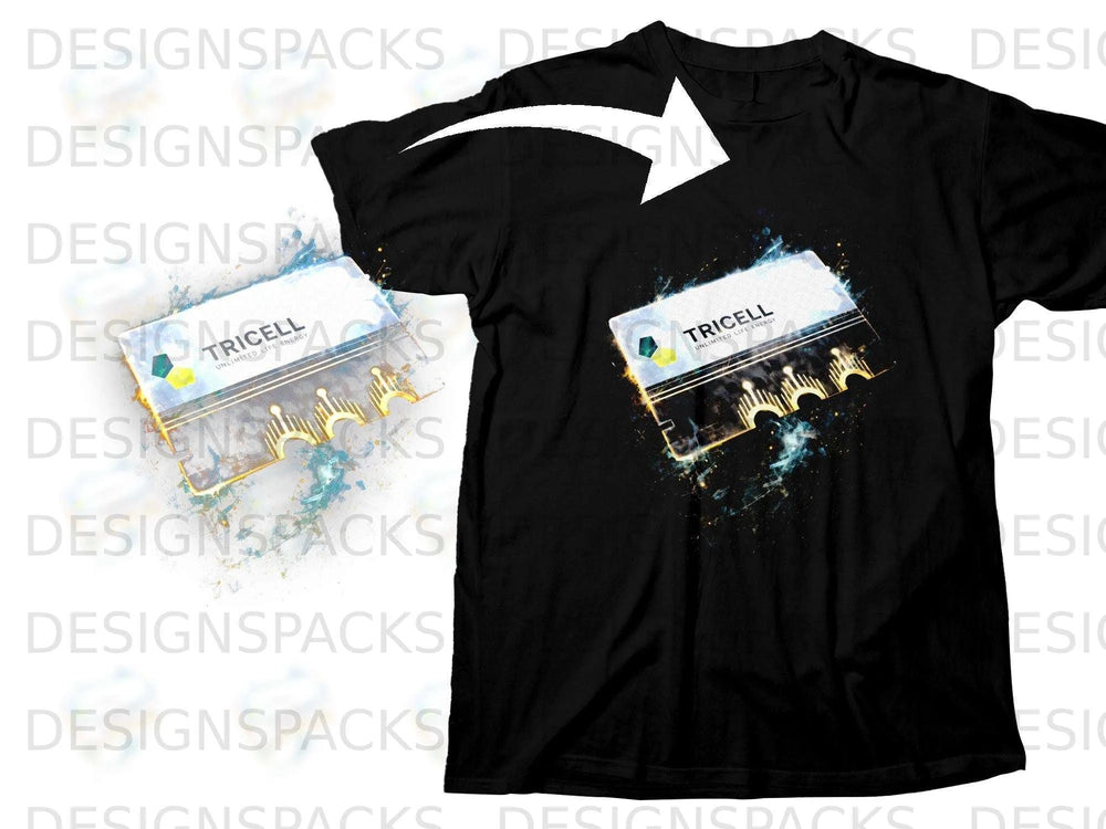 Black t-shirt with a "Tricell Unlimited Life Energy" graphic featuring abstract, glowing elements.