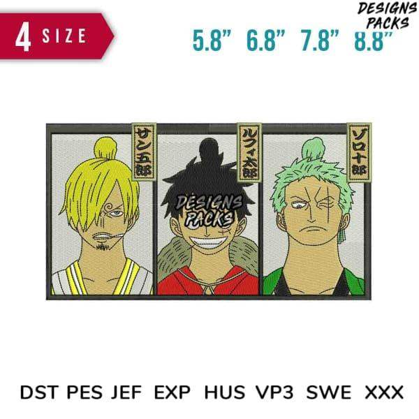 One Piece anime embroidery design bundle in 4 sizes, compatible with DST PES JEF formats for machine embroidery