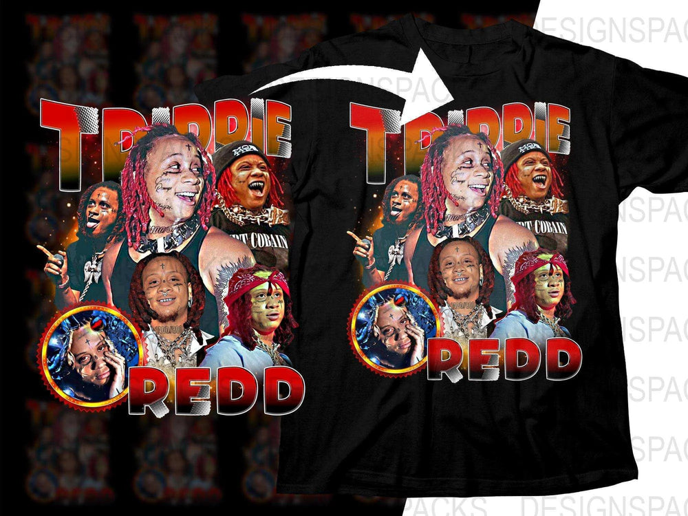 Trippie Redd collage t-shirt design with bold red text, multiple portrait images, and vibrant graphics for DTF/DTG printing