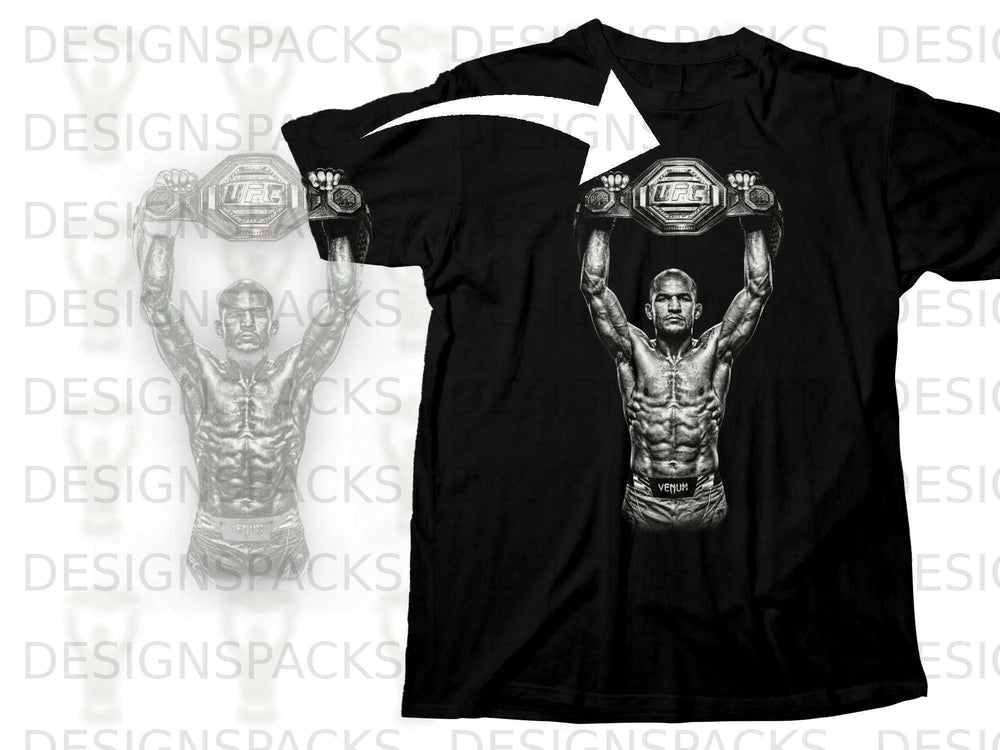 Black t-shirt featuring an illustration of a muscular fighter holding up a UFC championship belt.