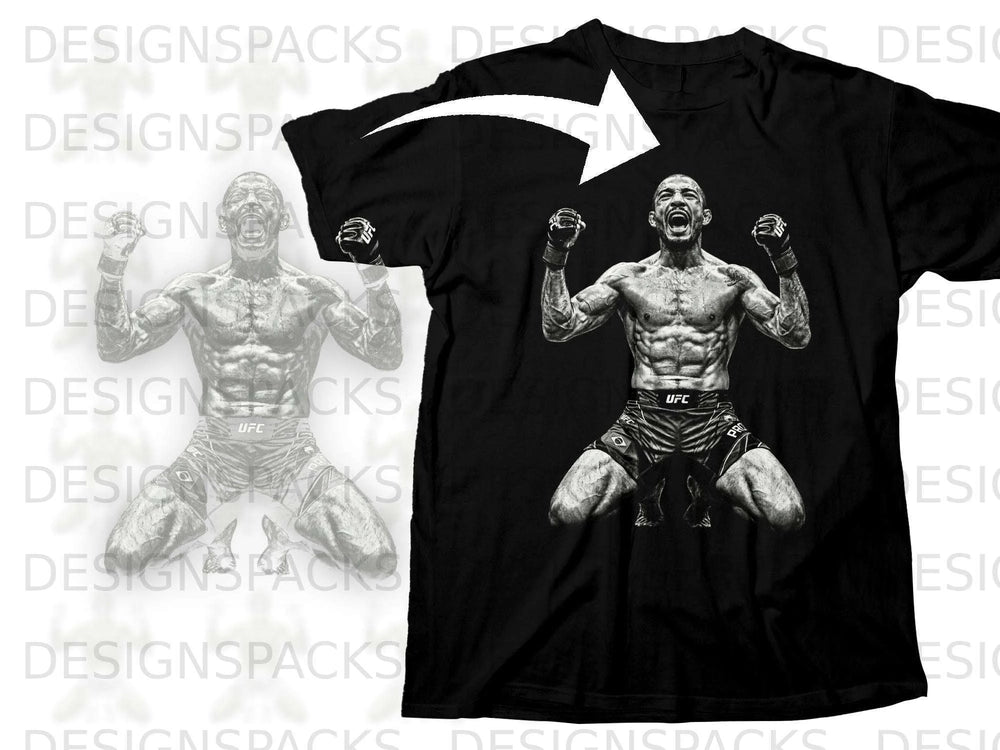 Black t-shirt featuring a monochrome illustration of a UFC fighter.