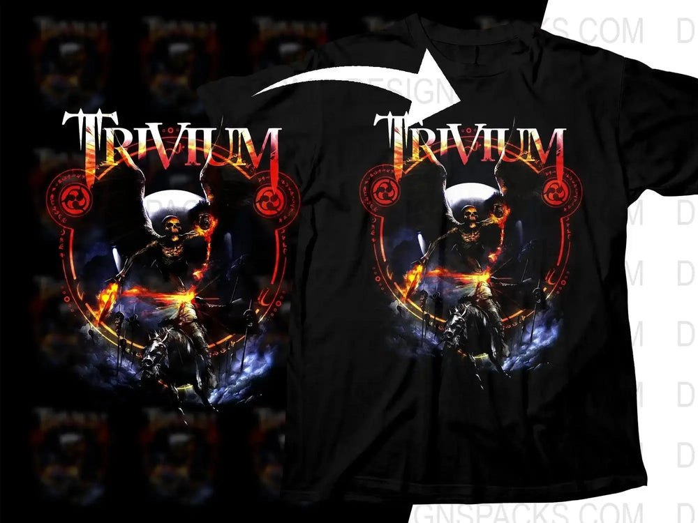 Trivium band t-shirt with fiery skeleton design, print-ready for DTG/DTF