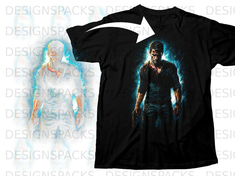 Black t-shirt with a graphic of a man holding a gun, surrounded by blue and yellow light.