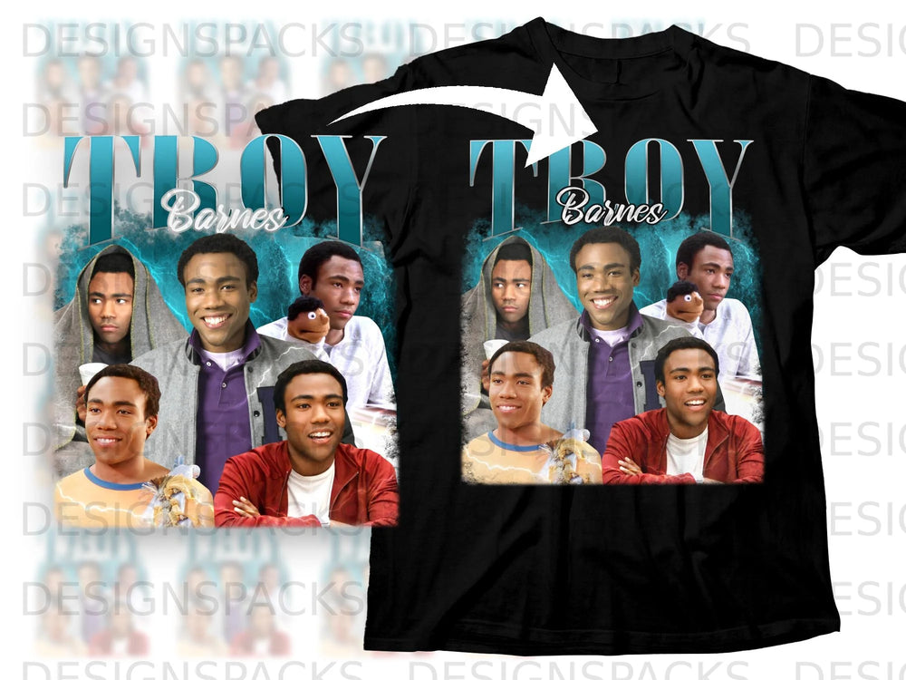 Black t-shirt featuring multiple images of Donald Glover with "TROY Barnes" text.