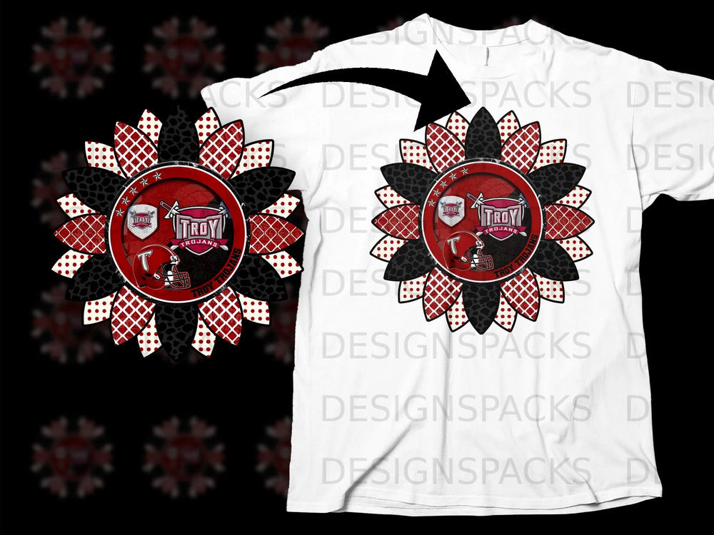 Troy Trojans football team logo within a decorative sunflower design.