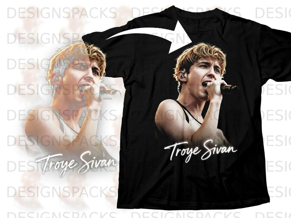 Troye Sivan graphic on a black t-shirt, with name below the image.