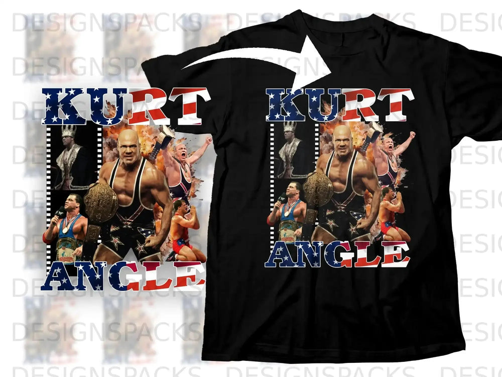 Kurt Angle wrestling collage on black t-shirt.