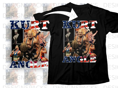 Kurt Angle wrestling collage on black t-shirt.