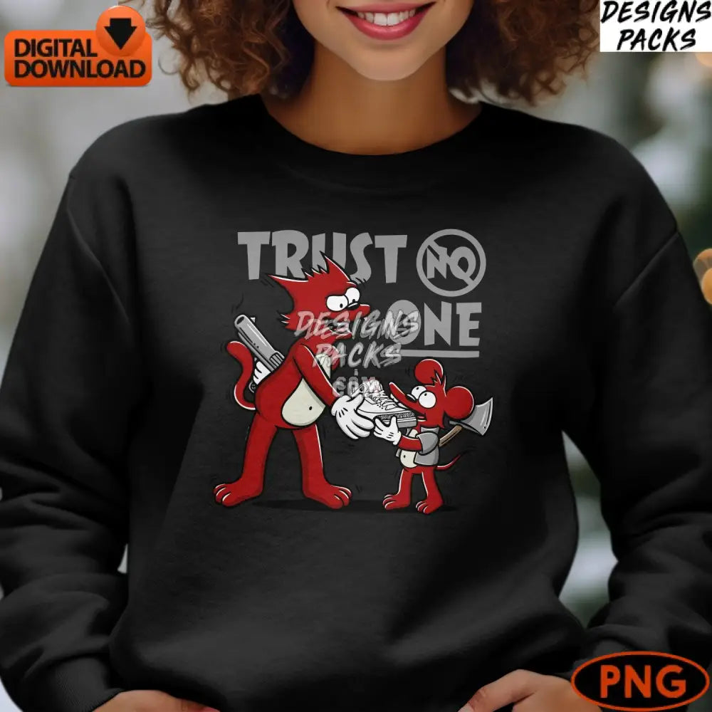 Trust No One Cartoon Art Digital Png Instant Download Red Monsters With Guns Illustration