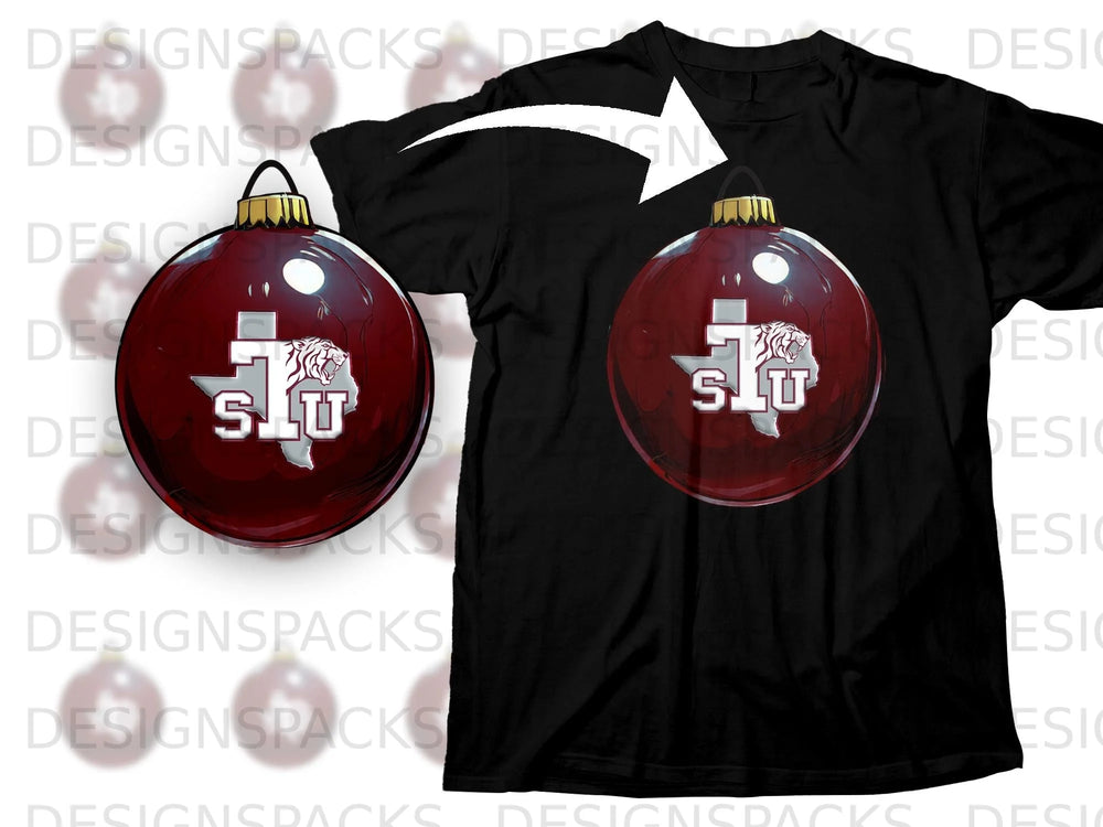 T-shirt with a maroon ornament featuring the SLU logo and a tiger.