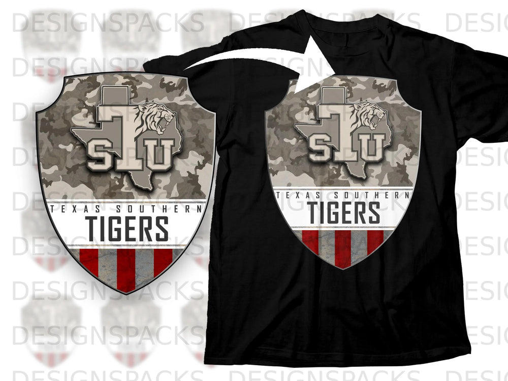 Texas Southern Tigers shield with camouflage, tiger, and stripes on black t-shirt.