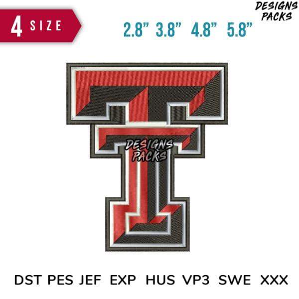 Red and black embroidered letter T design in 4 sizes, compatible with DST PES JEF formats for machine embroidery.