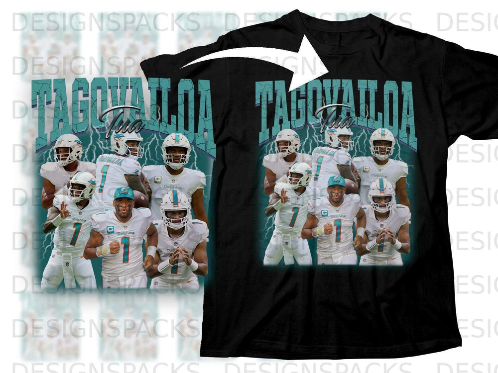 Tua Tagovailoa Dolphins football players on a black t-shirt.
