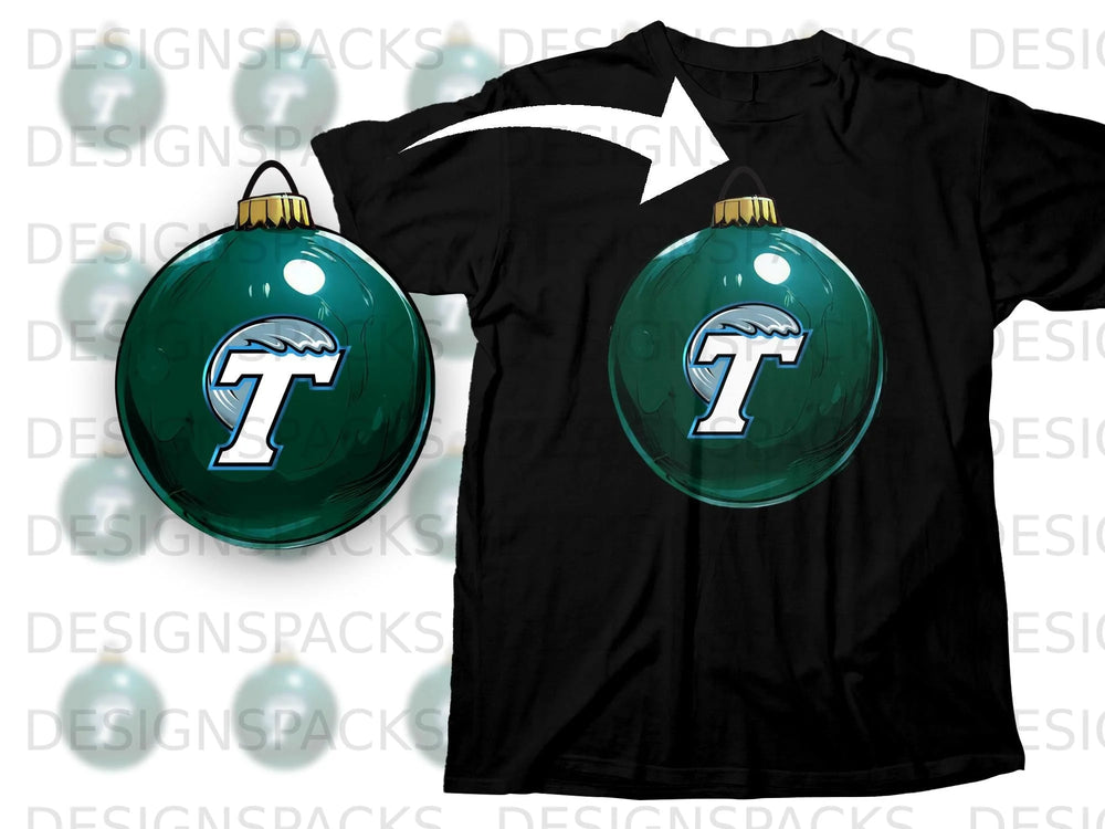 Black t-shirt with a teal Christmas ornament featuring a white and blue "T" logo.