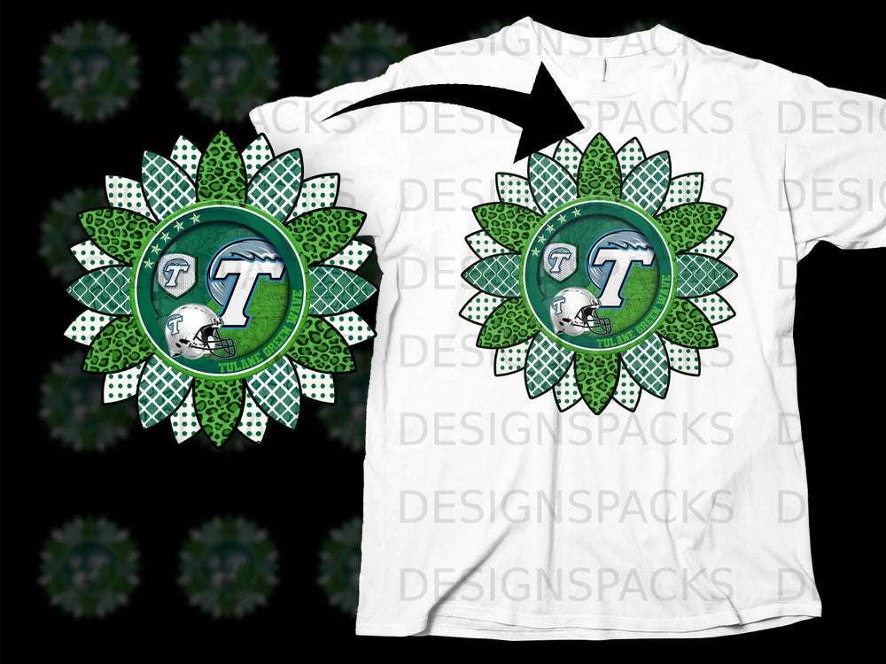 Tulane Green Wave sunflower graphic with large T logo and football helmet.