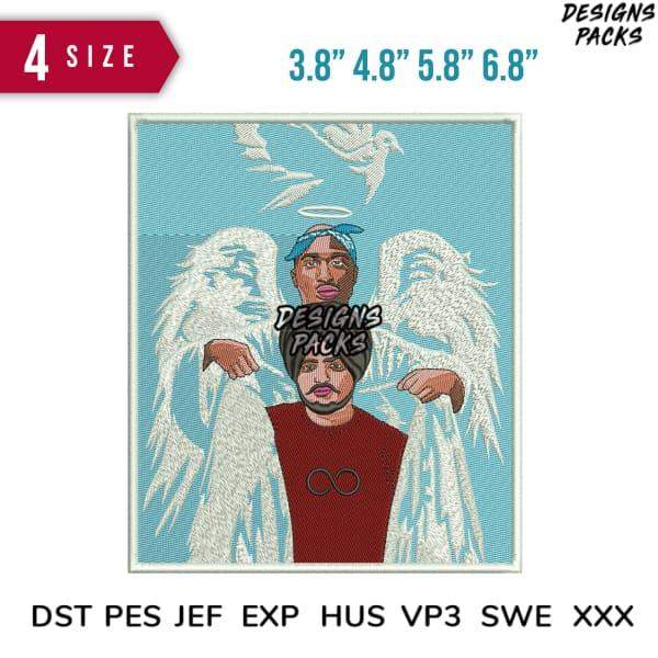 Embroidery design with angel wings, halo, and two figures in red shirt, available in multiple sizes and formats