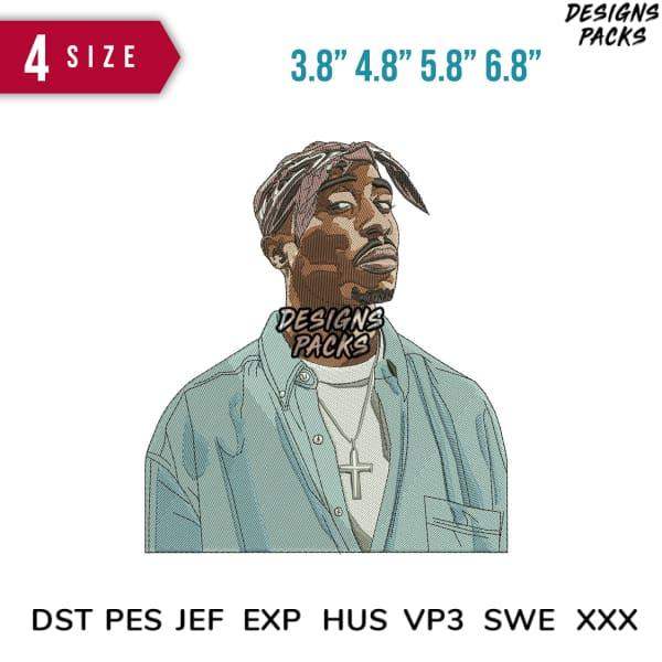 Embroidery design of Tupac Shakur in denim jacket, available in multiple sizes and file formats for instant download.