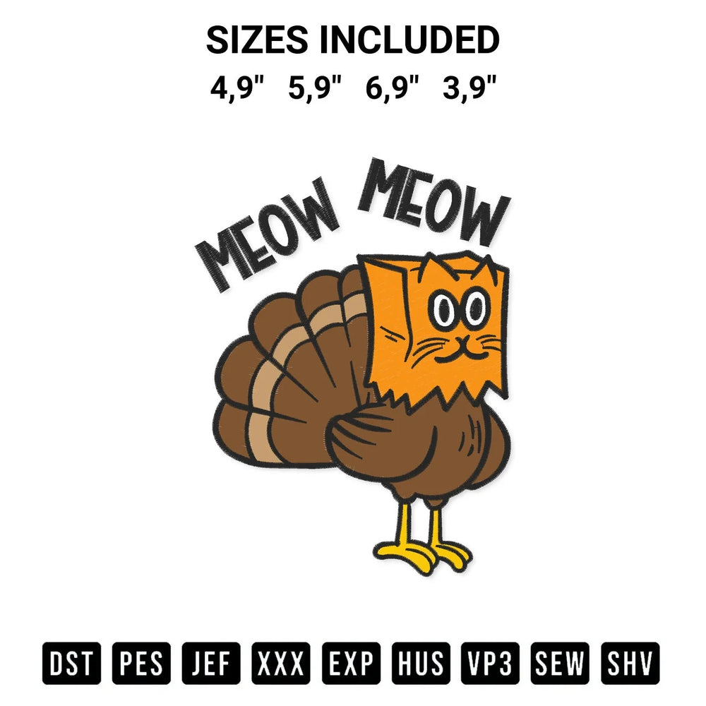 Turkey Paper Bag Meow Thanksgiving Cat Funny Fake Cat Meow Logo Embroidery Design