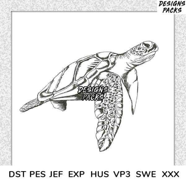 Sea turtle embroidery design in PES, DST, JEF formats for machine embroidery, print-ready vector art