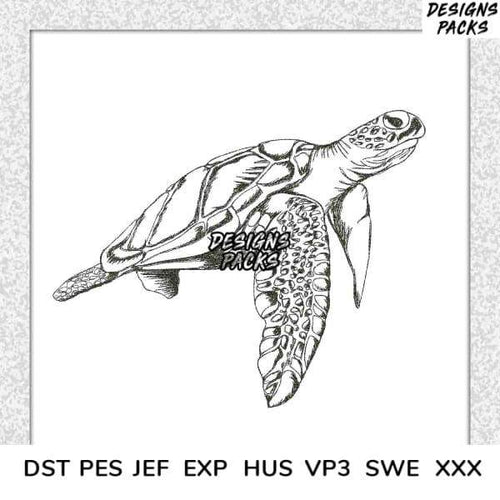 Sea turtle embroidery design in PES, DST, JEF formats for machine embroidery, print-ready vector art
