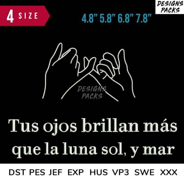 Print-ready embroidery design with hands and Spanish quote, available in multiple sizes and formats