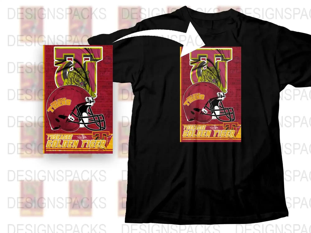 Vintage Golden Tiger Football Helmet Graphic T-Shirt, Retro Sports Fan Tee, Bold Red and Yellow Design