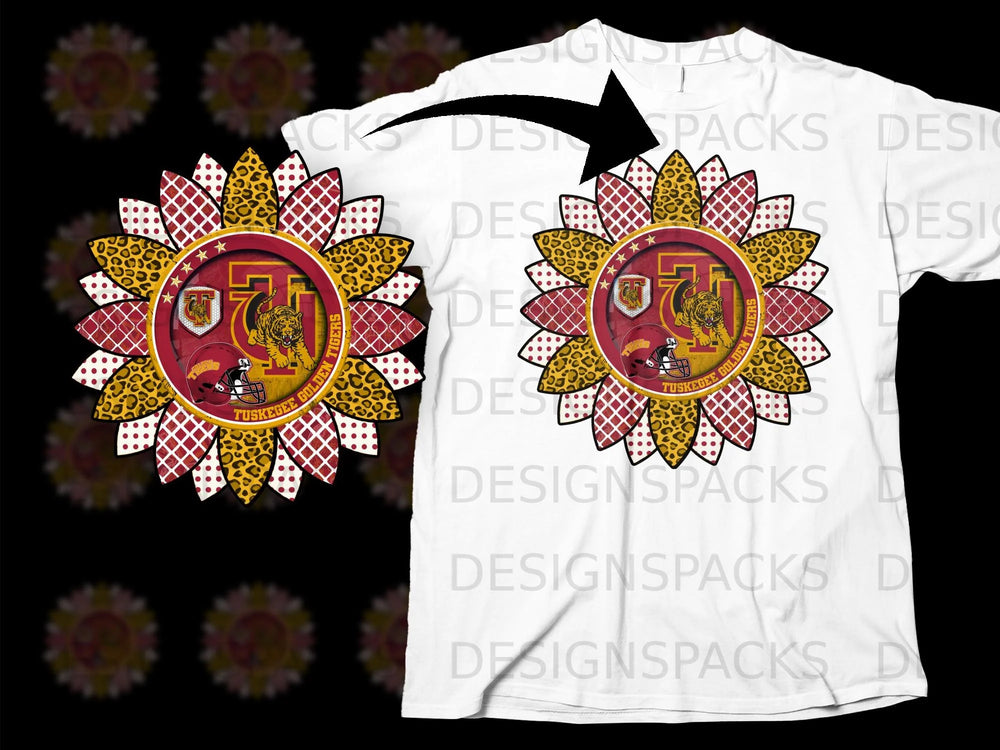 Sunflower graphic with "Tuskegee Golden Tigers" text and tiger logo.