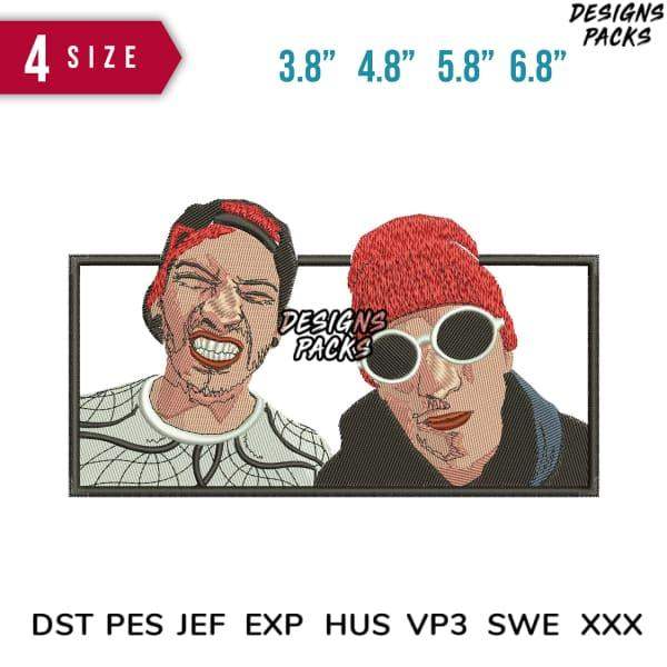 Embroidery design featuring two stylized characters in red caps, available in multiple sizes and formats