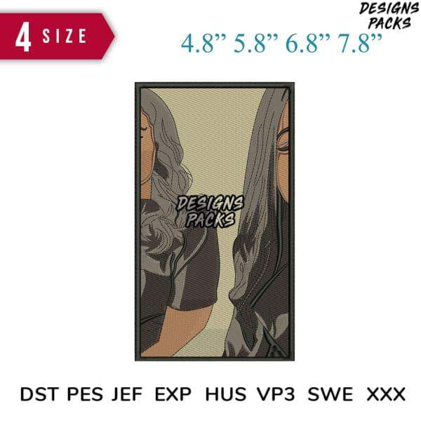 Embroidery design of two women in comic style, available in 4 sizes & multiple formats like PES, DST, EXP