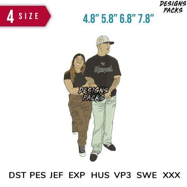 Couple walking embroidery design in 4 sizes, DST PES JEF formats for instant download