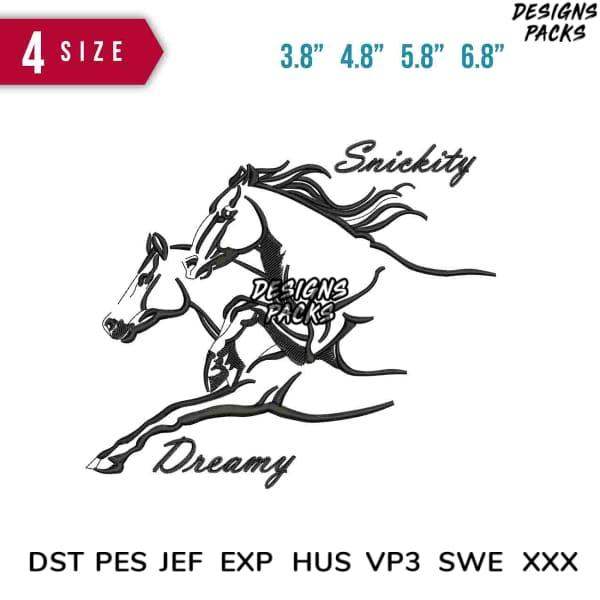 Dynamic horse design with 'Snickity' and 'Dreamy' text, available in multiple embroidery formats