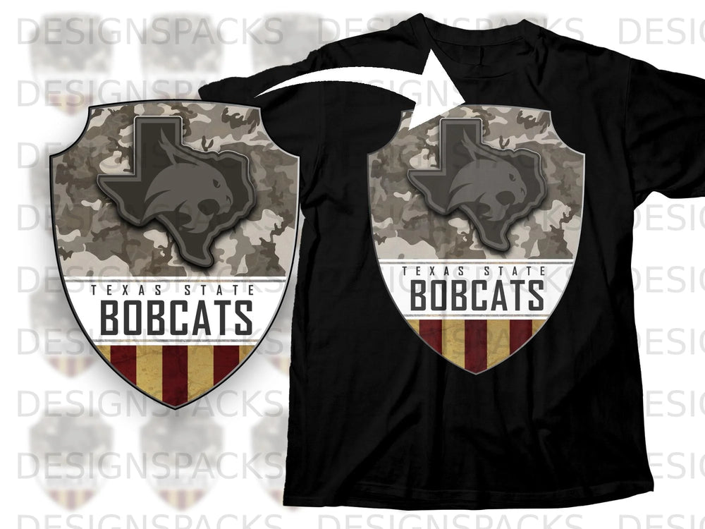 Texas State Bobcats emblem on a black t-shirt with camouflage and striped design.