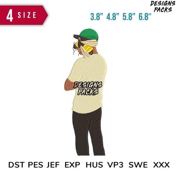 Embroidery design of person in cap and mask, 4 sizes, DST PES JEF formats, print-ready for apparel
