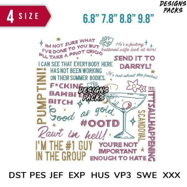 Sassy quote embroidery designs in 4 sizes, print-ready DST PES formats for t-shirts, tumblers, apparel